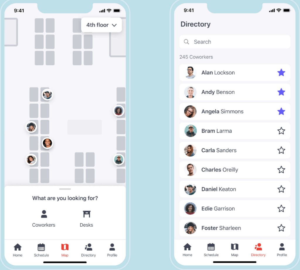 The Envoy mobile app interface displaying a floor map with coworker avatars for desk booking and a searchable team directory.